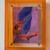 Abstraktes Bild Jump mit orangenem Acrylrahmen, energiegeladene Pinselbewegung in Blau, Orange und Violett, moderne abstrakte Kunst mit Ausdruckskraft