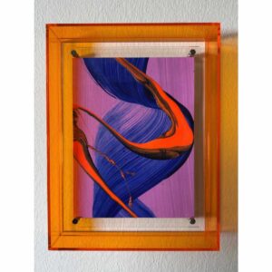 Abstrakte Malerei Smooth Operator mit orangenem Acrylrahmen, blaue und orange Pinselstriche auf violettem Hintergrund, moderne Wandkunst mit Eleganz